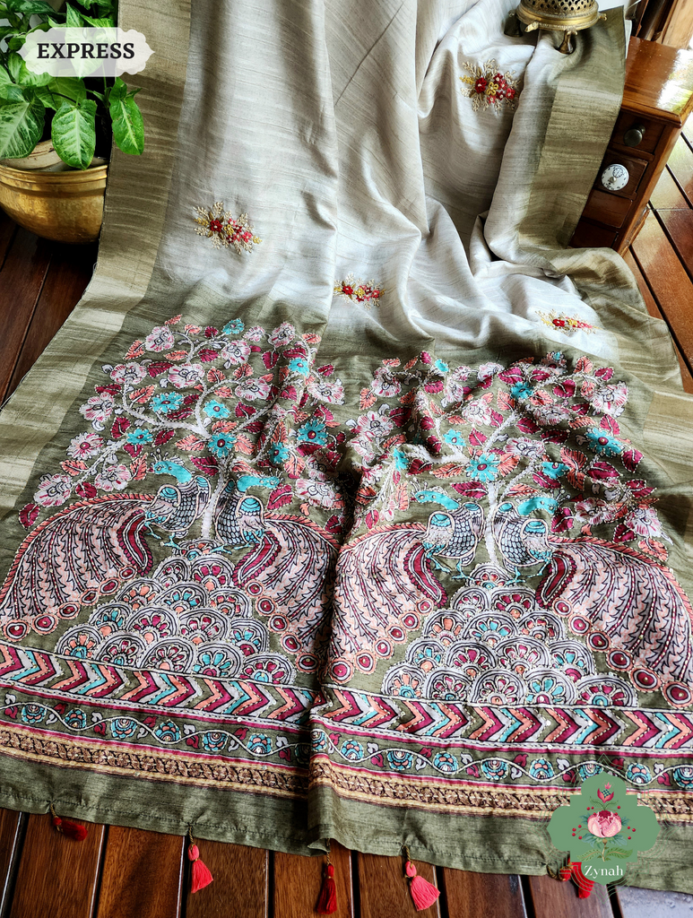 Off White / Henna Green Jute Linen Saree, Kalamkari Pallu With Kantha Work, All Over Frenchknot Embroidery Butis