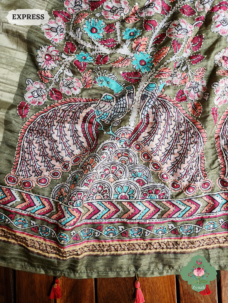 Off White / Henna Green Jute Linen Saree, Kalamkari Pallu With Kantha Work, All Over Frenchknot Embroidery Butis