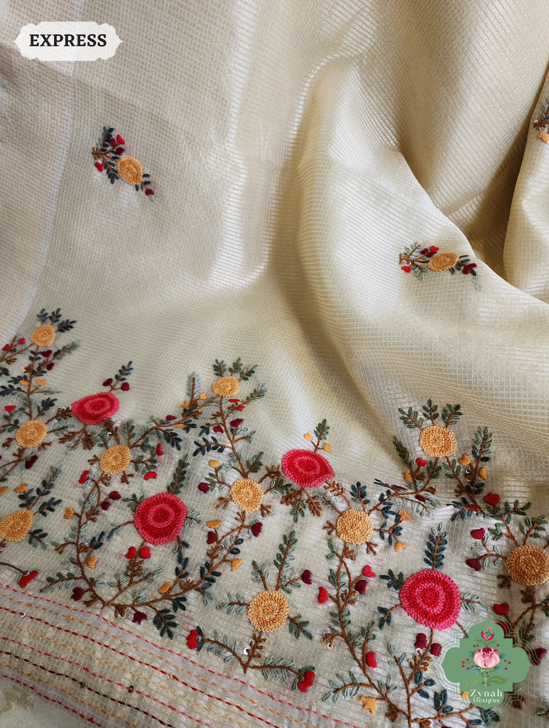 Zynah Off White Kota Tissue Saree With Golden Check, Jamdani Weaving Organza Pallu & Frenchknot Hand Embroidery; Custom Stitched/Ready-made Blouse, Fall, Petticoat; SKU: 1209202401