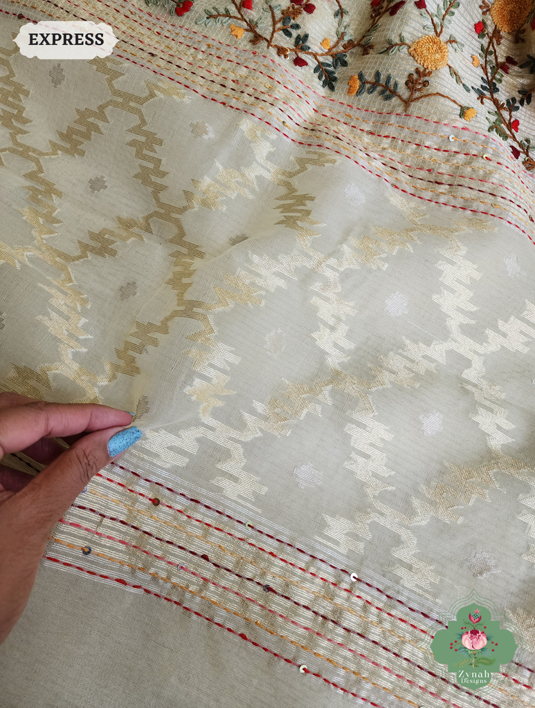 Zynah Off White Kota Tissue Saree With Golden Check, Jamdani Weaving Organza Pallu & Frenchknot Hand Embroidery; Custom Stitched/Ready-made Blouse, Fall, Petticoat; SKU: 1209202401