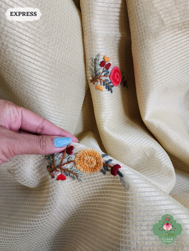 Zynah Off White Kota Tissue Saree With Golden Check, Jamdani Weaving Organza Pallu & Frenchknot Hand Embroidery; Custom Stitched/Ready-made Blouse, Fall, Petticoat; SKU: 1209202401