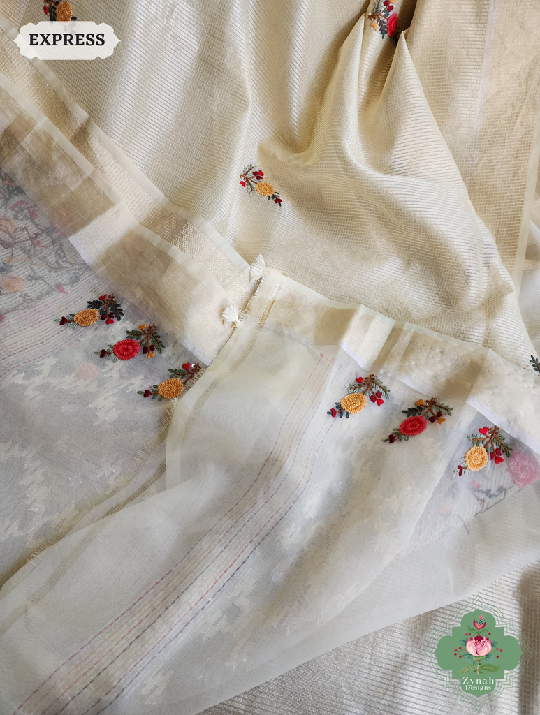 Zynah Off White Kota Tissue Saree With Golden Check, Jamdani Weaving Organza Pallu & Frenchknot Hand Embroidery; Custom Stitched/Ready-made Blouse, Fall, Petticoat; SKU: 1209202401