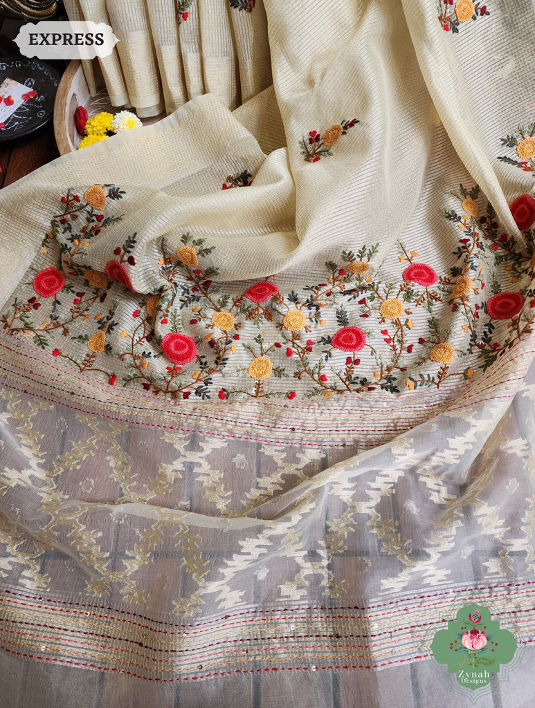 Zynah Off White Kota Tissue Saree With Golden Check, Jamdani Weaving Organza Pallu & Frenchknot Hand Embroidery; Custom Stitched/Ready-made Blouse, Fall, Petticoat; SKU: 1209202401