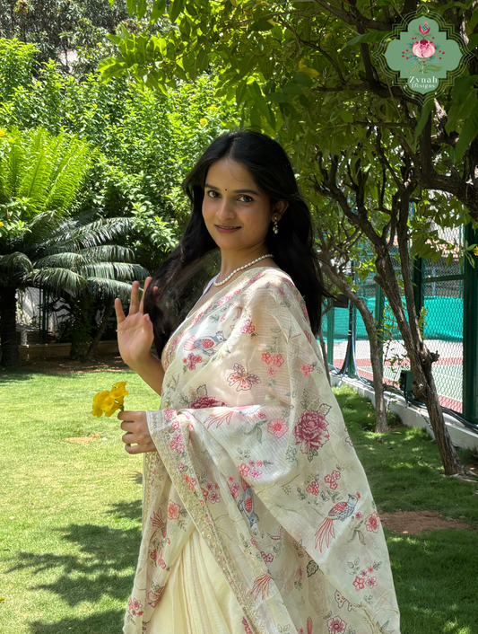 Summer Barefoot Off White Kota Tussar Silk Saree With Embroidery