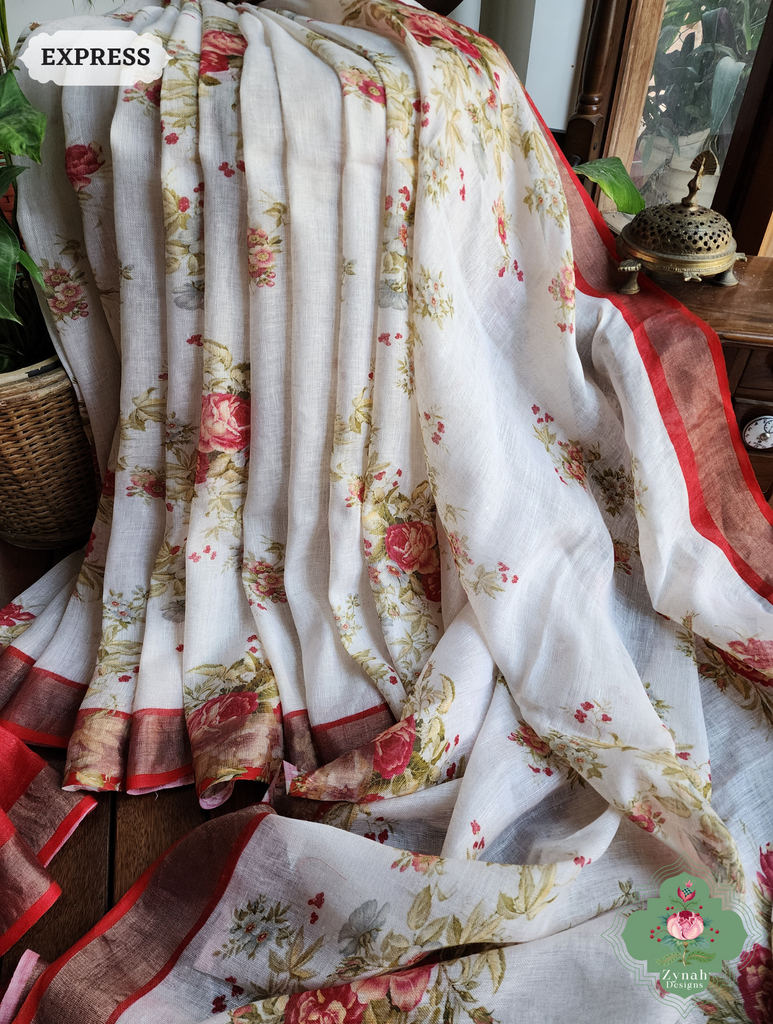 Off White Organic Linen Saree With Bold Floral Print 3