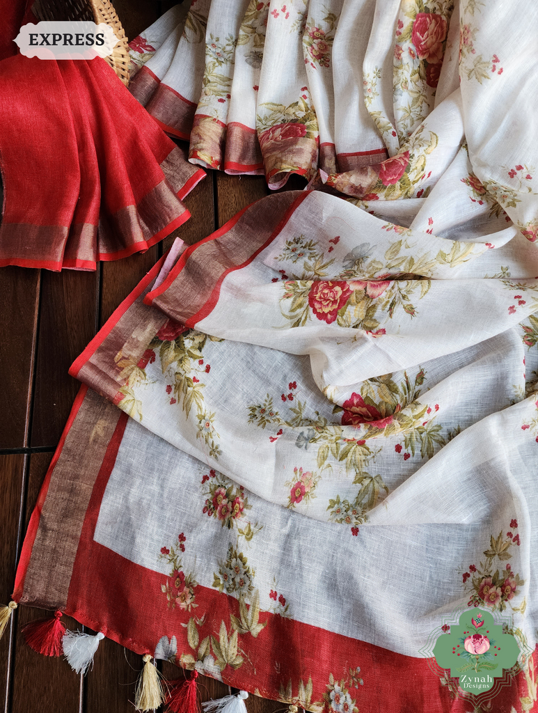 Off White Organic Linen Saree With Bold Floral Print 4