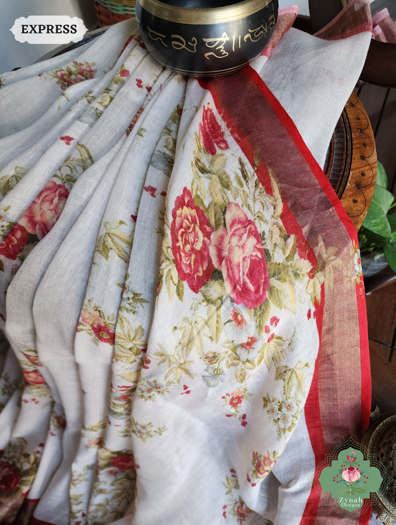 Off White Organic Linen Saree With Bold Floral Print 5