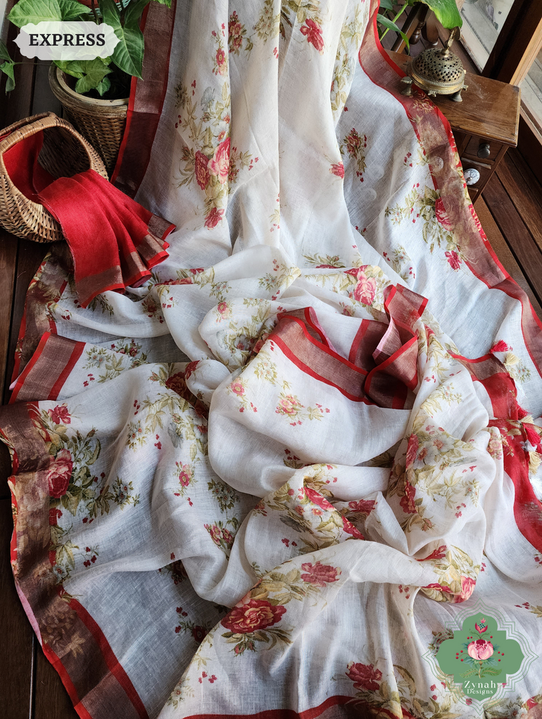 Off White Organic Linen Saree With Bold Floral Print 6