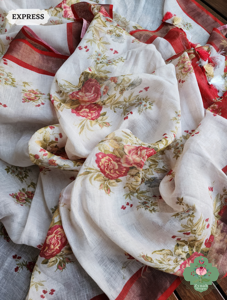 Off White Organic Linen Saree With Bold Floral Print 7