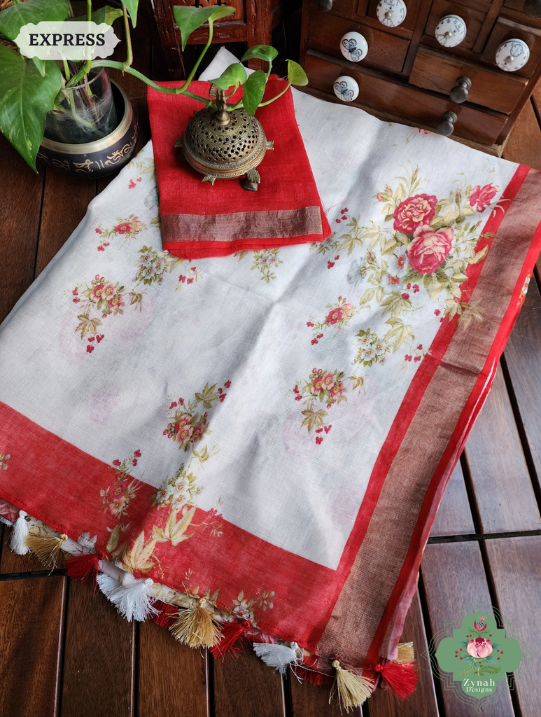 Off White Organic Linen Saree With Bold Floral Print 8