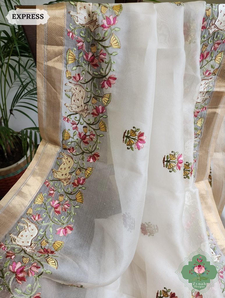 Zynah Off White Pure Organza Silk Saree With Pichwai Embroidery & Multicolor Tassels On Pallu; Custom Stitched/Ready-made Blouse, Fall, Petticoat; SKU: 2711202303