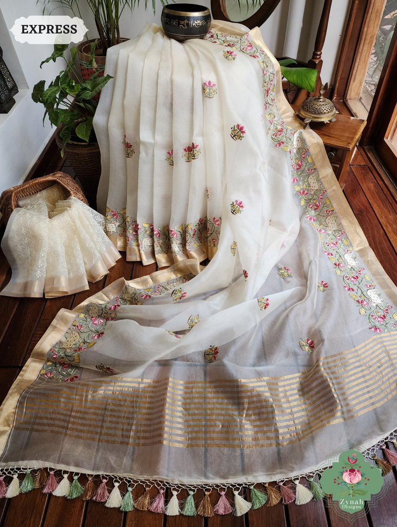 Zynah Off White Pure Organza Silk Saree With Pichwai Embroidery & Multicolor Tassels On Pallu; Custom Stitched/Ready-made Blouse, Fall, Petticoat; SKU: 2711202303