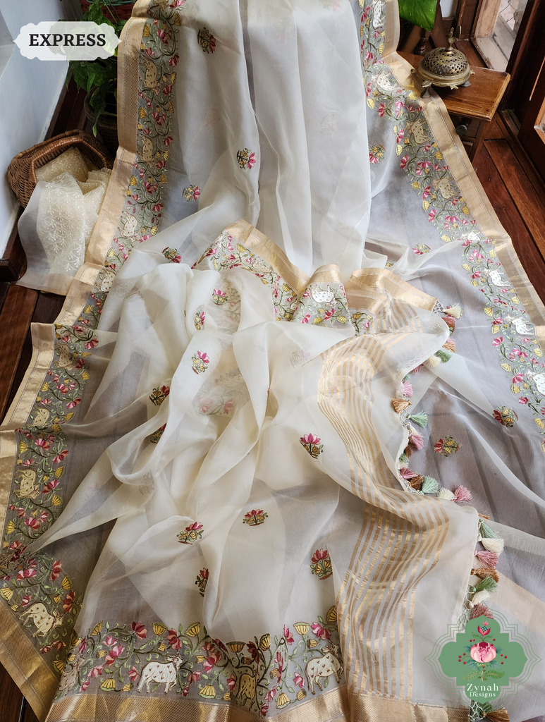 Zynah Off White Pure Organza Silk Saree With Pichwai Embroidery & Multicolor Tassels On Pallu; Custom Stitched/Ready-made Blouse, Fall, Petticoat; SKU: 2711202303