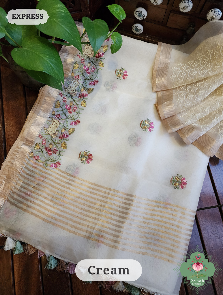 Zynah Off White Pure Organza Silk Saree With Pichwai Embroidery & Multicolor Tassels On Pallu; Custom Stitched/Ready-made Blouse, Fall, Petticoat; SKU: 2711202303