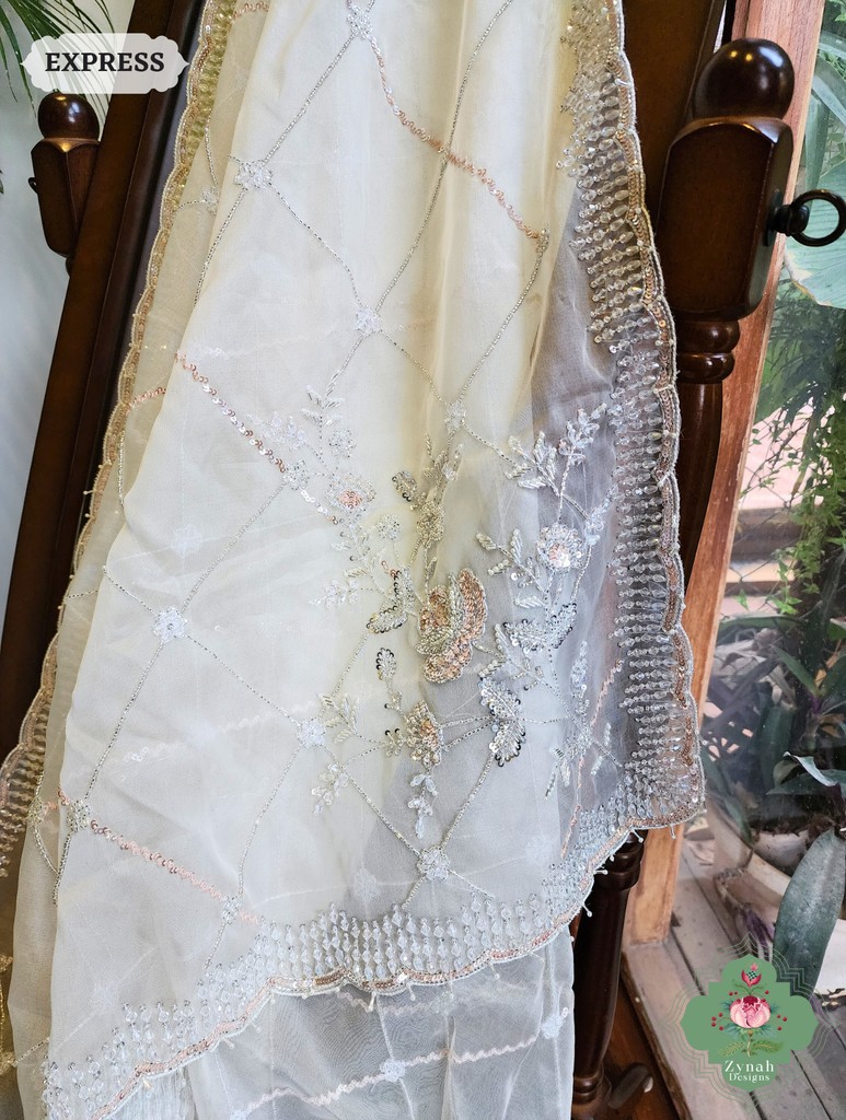 Zynah Off White Organza Silk Saree With Pearls, Cutdana, Sequins & Crystals Hand Embellishments; Custom Stitched/Ready-made Blouse, Fall, Petticoat; SKU: 2711202403