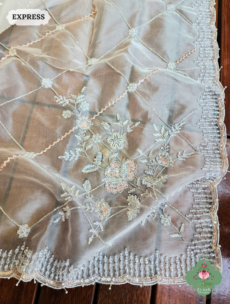 Zynah Off White Organza Silk Saree With Pearls, Cutdana, Sequins & Crystals Hand Embellishments; Custom Stitched/Ready-made Blouse, Fall, Petticoat; SKU: 2711202403