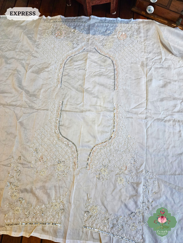 Zynah Off White Organza Silk Saree With Pearls, Cutdana, Sequins & Crystals Hand Embellishments; Custom Stitched/Ready-made Blouse, Fall, Petticoat; SKU: 2711202403