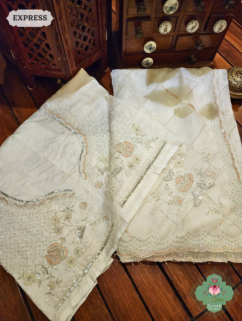 Zynah Off White Organza Silk Saree With Pearls, Cutdana, Sequins & Crystals Hand Embellishments; Custom Stitched/Ready-made Blouse, Fall, Petticoat; SKU: 2711202403