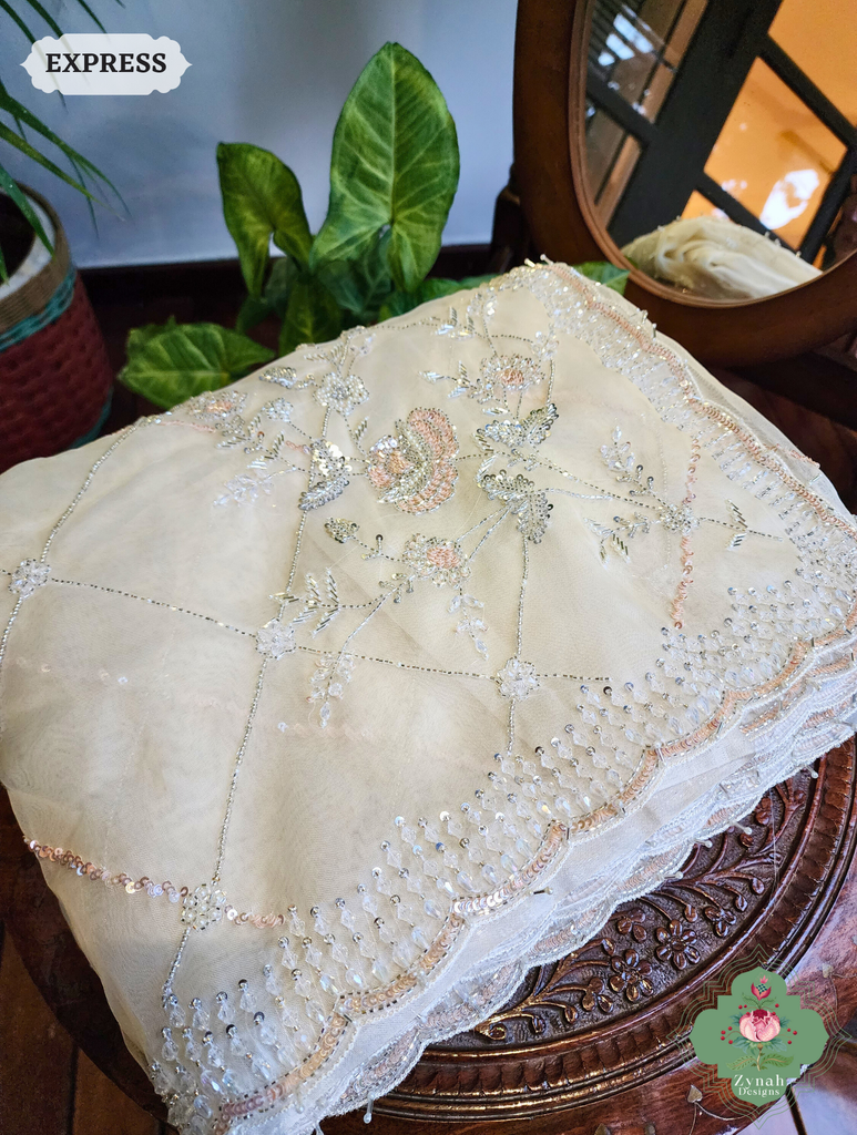 Zynah Off White Organza Silk Saree With Pearls, Cutdana, Sequins & Crystals Hand Embellishments; Custom Stitched/Ready-made Blouse, Fall, Petticoat; SKU: 2711202403