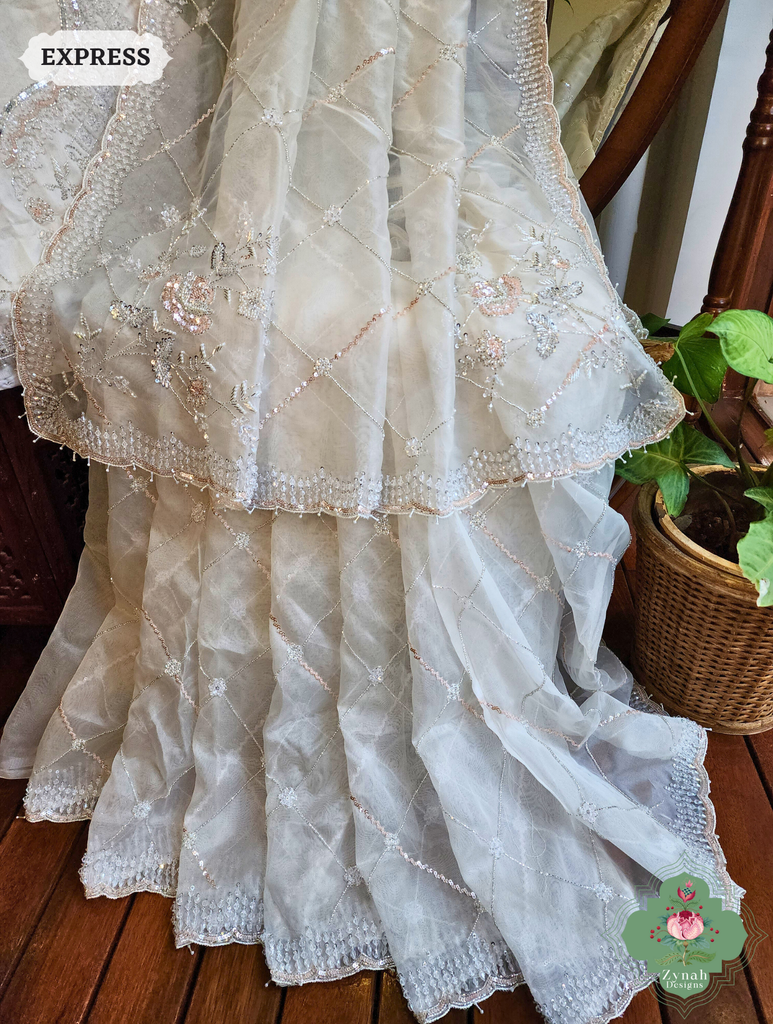 Zynah Off White Organza Silk Saree With Pearls, Cutdana, Sequins & Crystals Hand Embellishments; Custom Stitched/Ready-made Blouse, Fall, Petticoat; SKU: 2711202403