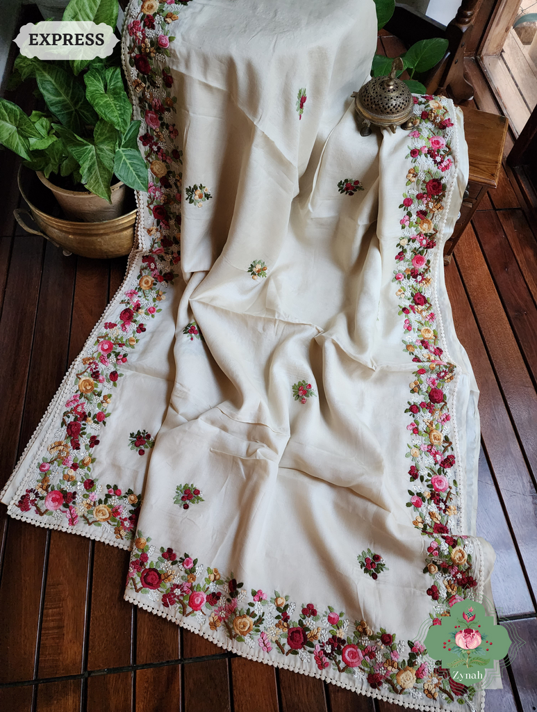 Off White Handwoven Pure Tussar Silk Saree, Hand Frenchknot Embroidery & Crochet Edges