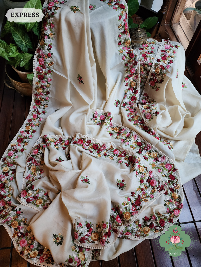 Off White Handwoven Pure Tussar Silk Saree, Hand Frenchknot Embroidery & Crochet Edges