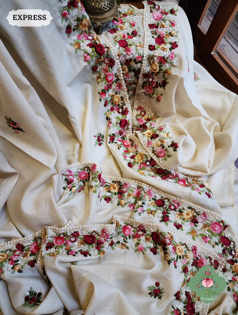 Off White Handwoven Pure Tussar Silk Saree, Hand Frenchknot Embroidery & Crochet Edges