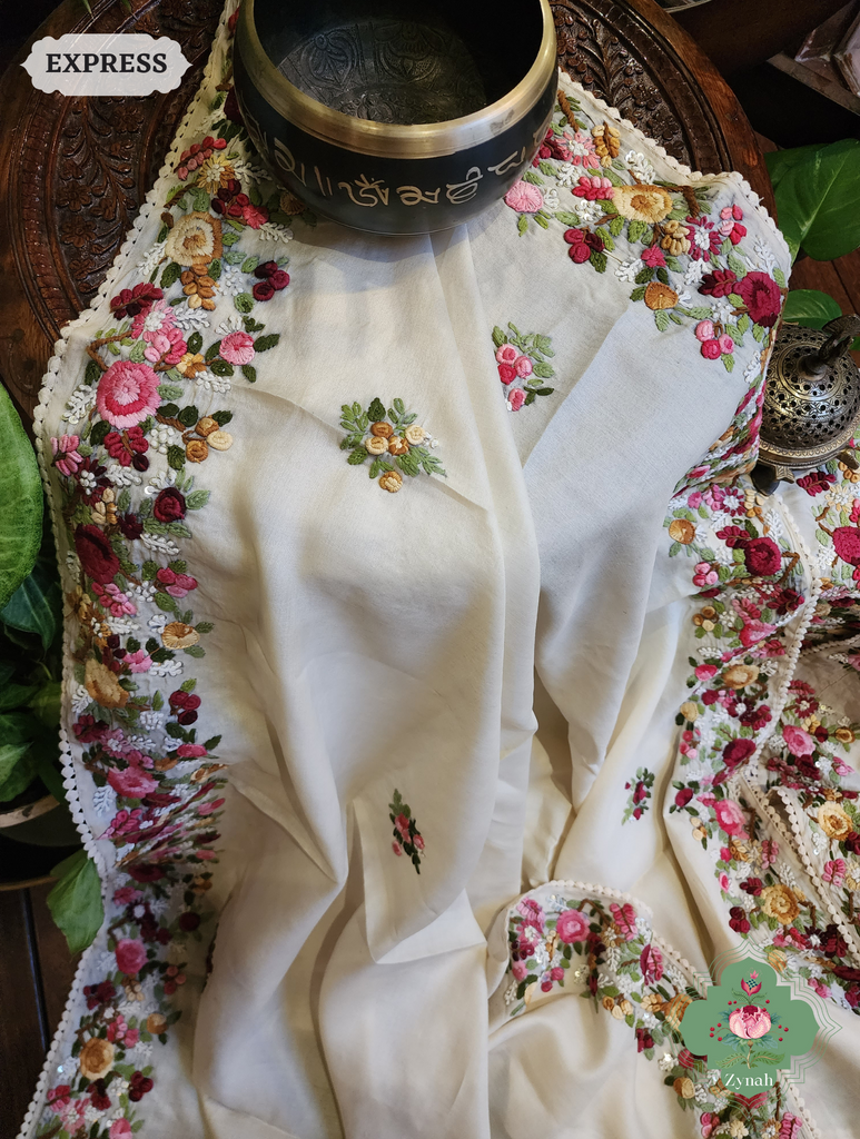 Off White Handwoven Pure Tussar Silk Saree, Hand Frenchknot Embroidery & Crochet Edges