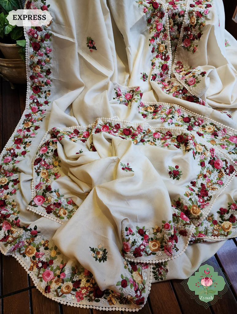 Off White Handwoven Pure Tussar Silk Saree, Hand Frenchknot Embroidery & Crochet Edges