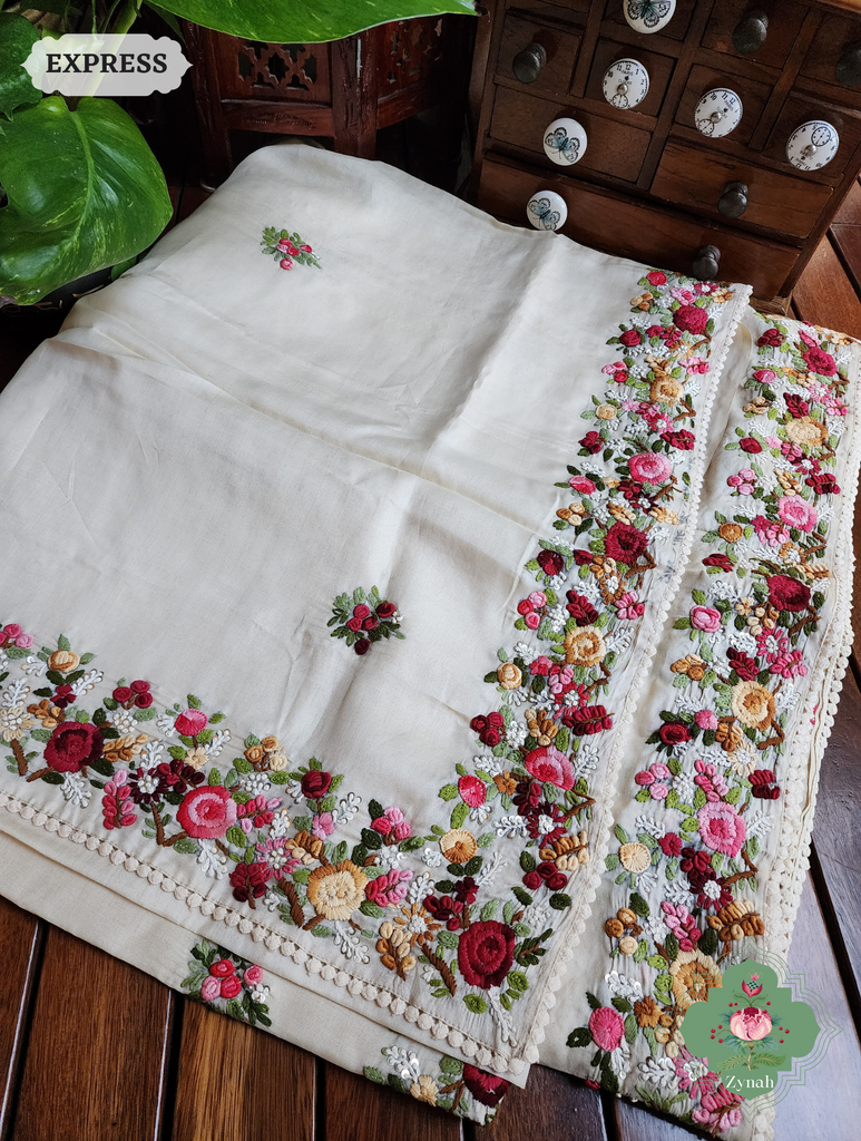 Off White Handwoven Pure Tussar Silk Saree, Hand Frenchknot Embroidery & Crochet Edges