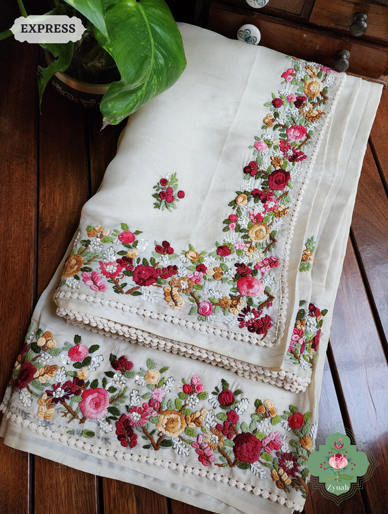 Off White Handwoven Pure Tussar Silk Saree, Hand Frenchknot Embroidery & Crochet Edges