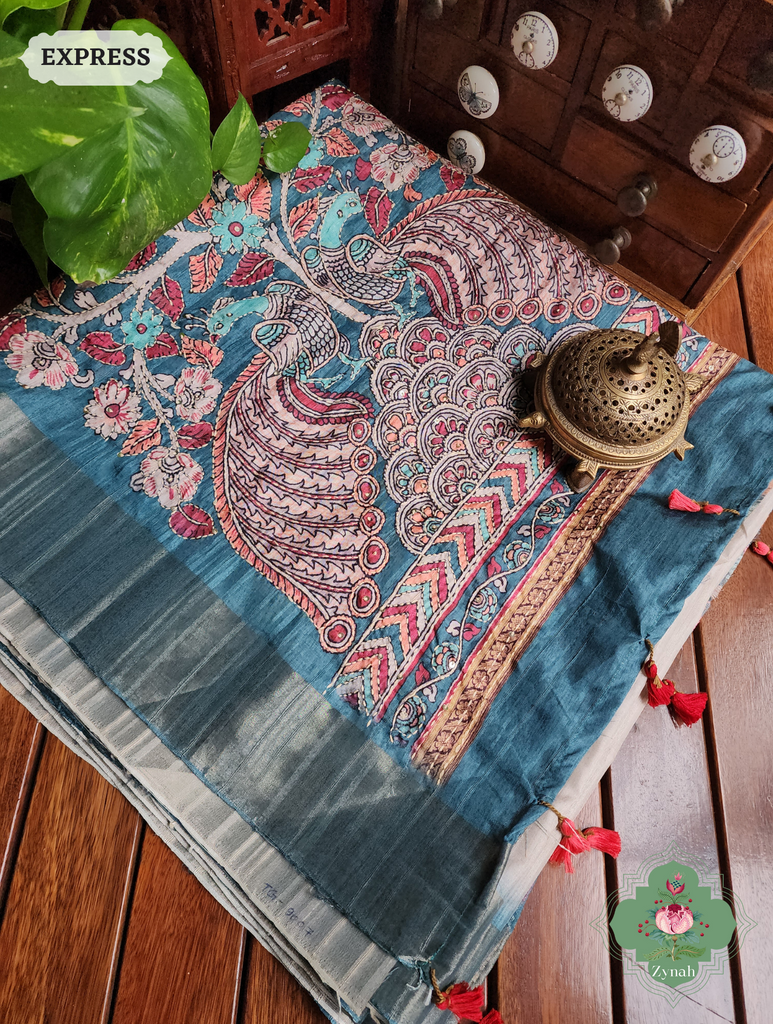 Off White / Turquoise Jute Linen Saree, Kalamkari Pallu With Kantha Work, All Over Frenchknot Embroidery Butis