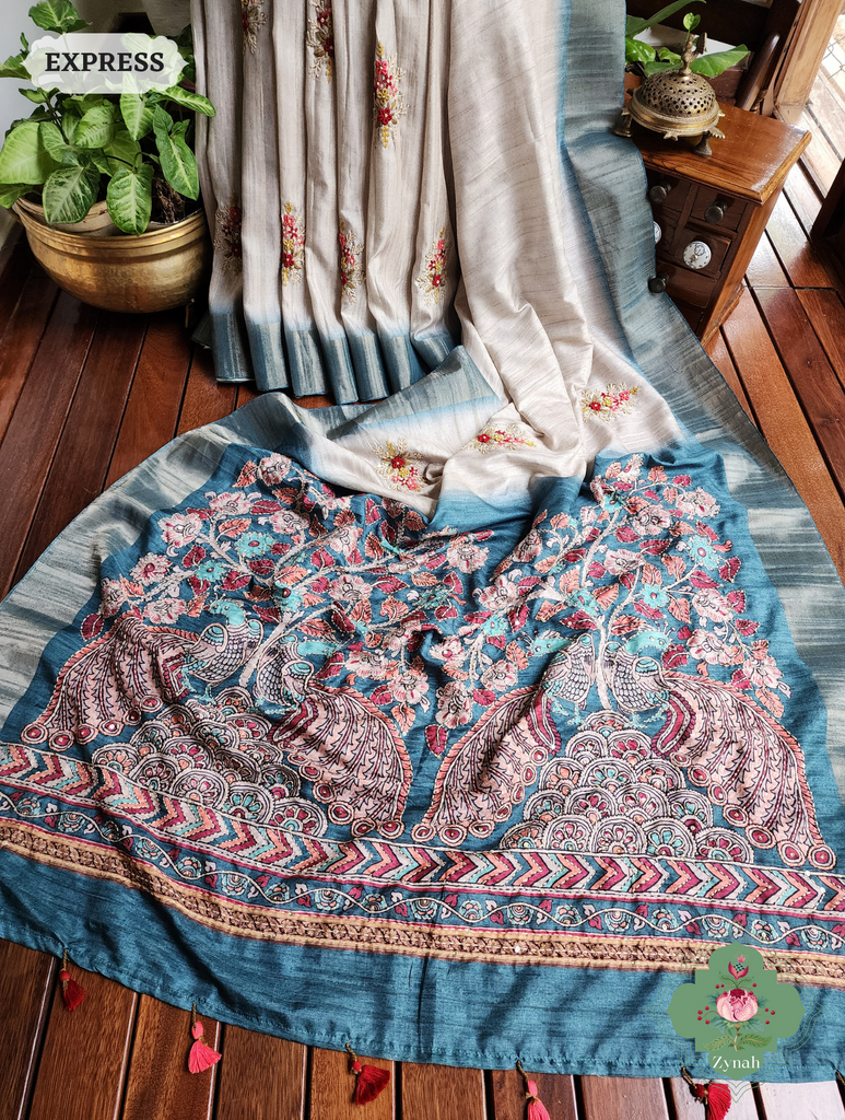 Off White / Turquoise Jute Linen Saree, Kalamkari Pallu With Kantha Work, All Over Frenchknot Embroidery Butis