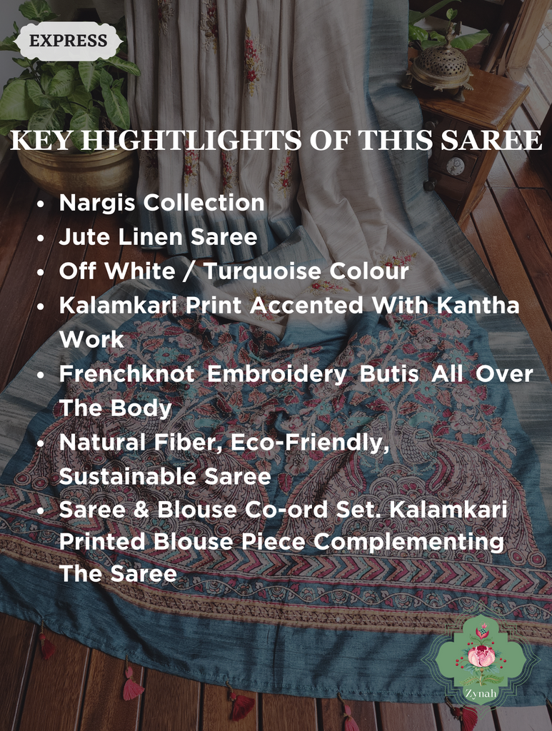 Off White / Turquoise Jute Linen Saree, Kalamkari Pallu With Kantha Work, All Over Frenchknot Embroidery Butis