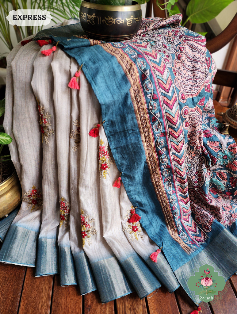 Off White / Turquoise Jute Linen Saree, Kalamkari Pallu With Kantha Work, All Over Frenchknot Embroidery Butis