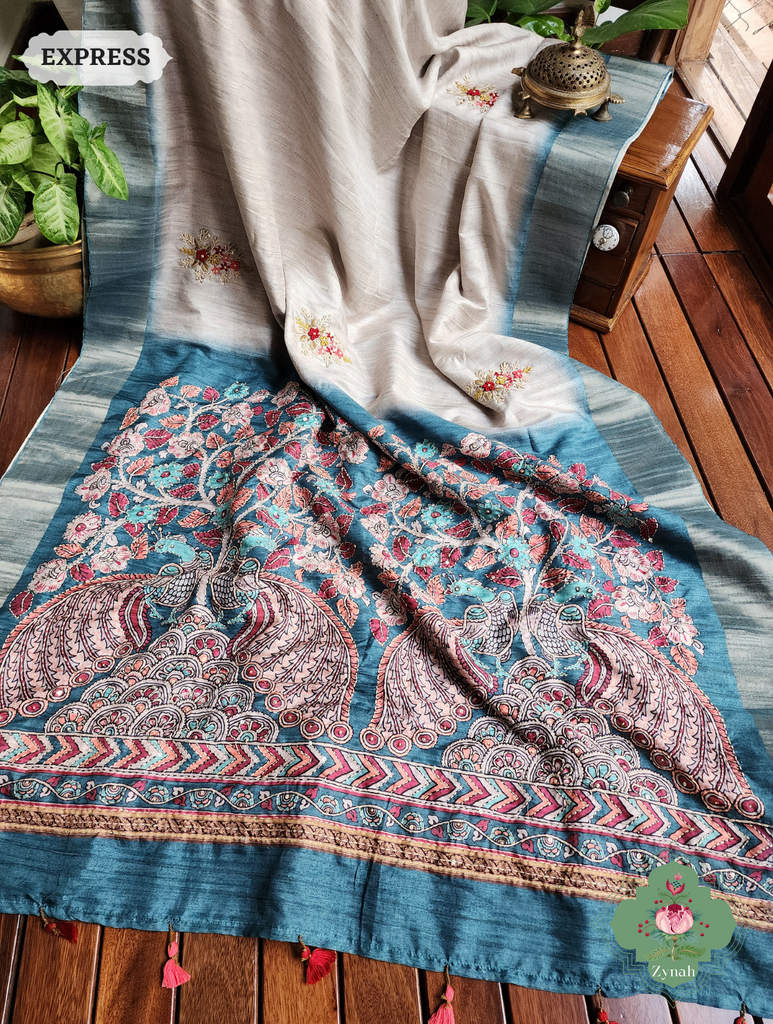 Off White / Turquoise Jute Linen Saree, Kalamkari Pallu With Kantha Work, All Over Frenchknot Embroidery Butis