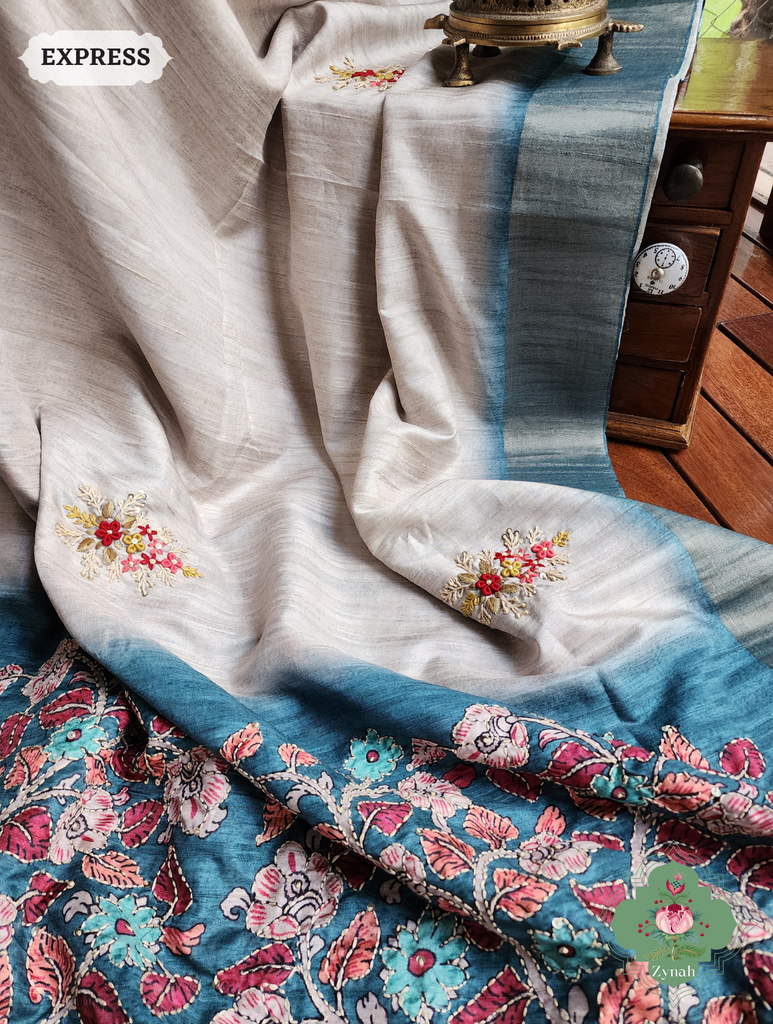 Off White / Turquoise Jute Linen Saree, Kalamkari Pallu With Kantha Work, All Over Frenchknot Embroidery Butis