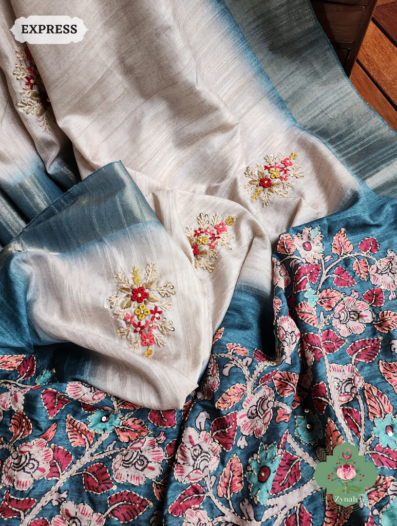 Off White / Turquoise Jute Linen Saree, Kalamkari Pallu With Kantha Work, All Over Frenchknot Embroidery Butis
