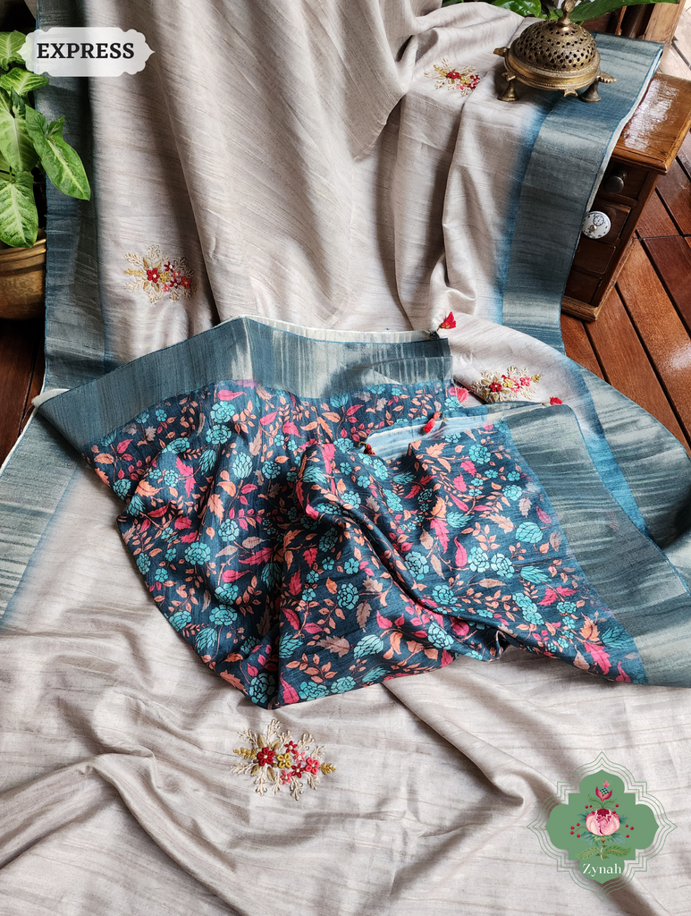 Off White / Turquoise Jute Linen Saree, Kalamkari Pallu With Kantha Work, All Over Frenchknot Embroidery Butis