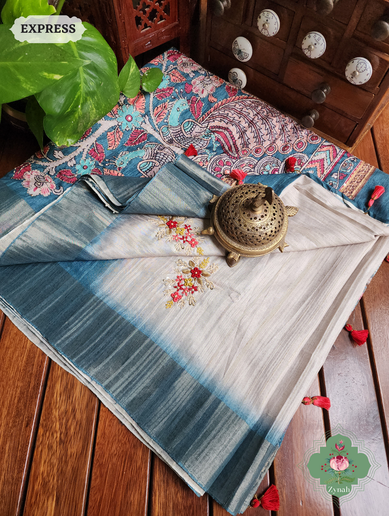 Off White / Turquoise Jute Linen Saree, Kalamkari Pallu With Kantha Work, All Over Frenchknot Embroidery Butis