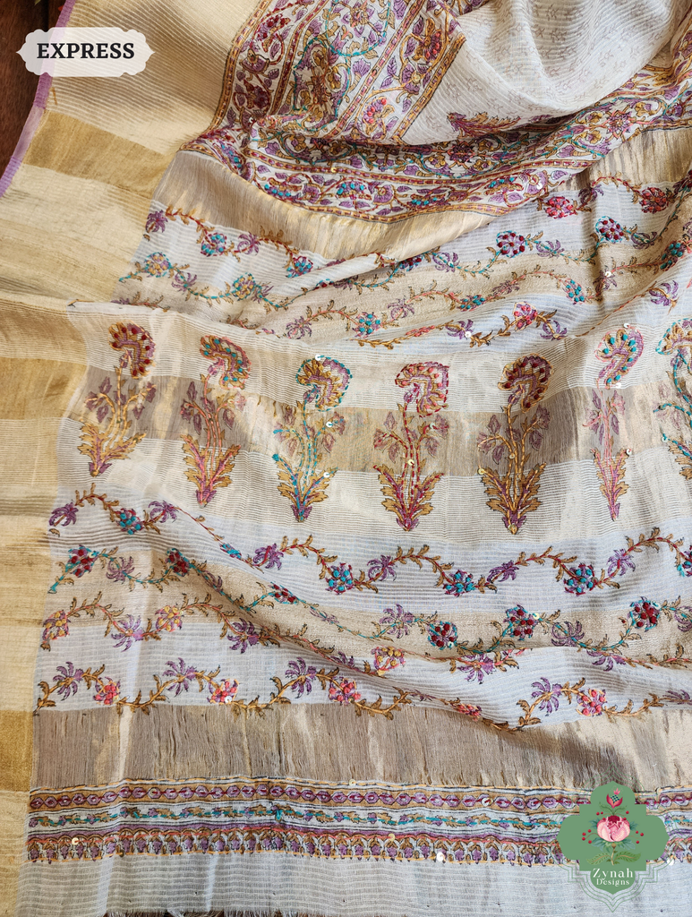 Zynah Off White Pure Kota Tussar Silk Half & Half Saree With Hand Block Print & Hand Embroidery; Custom Stitched/Ready-made Blouse, Fall, Petticoat; SKU: 1209202403