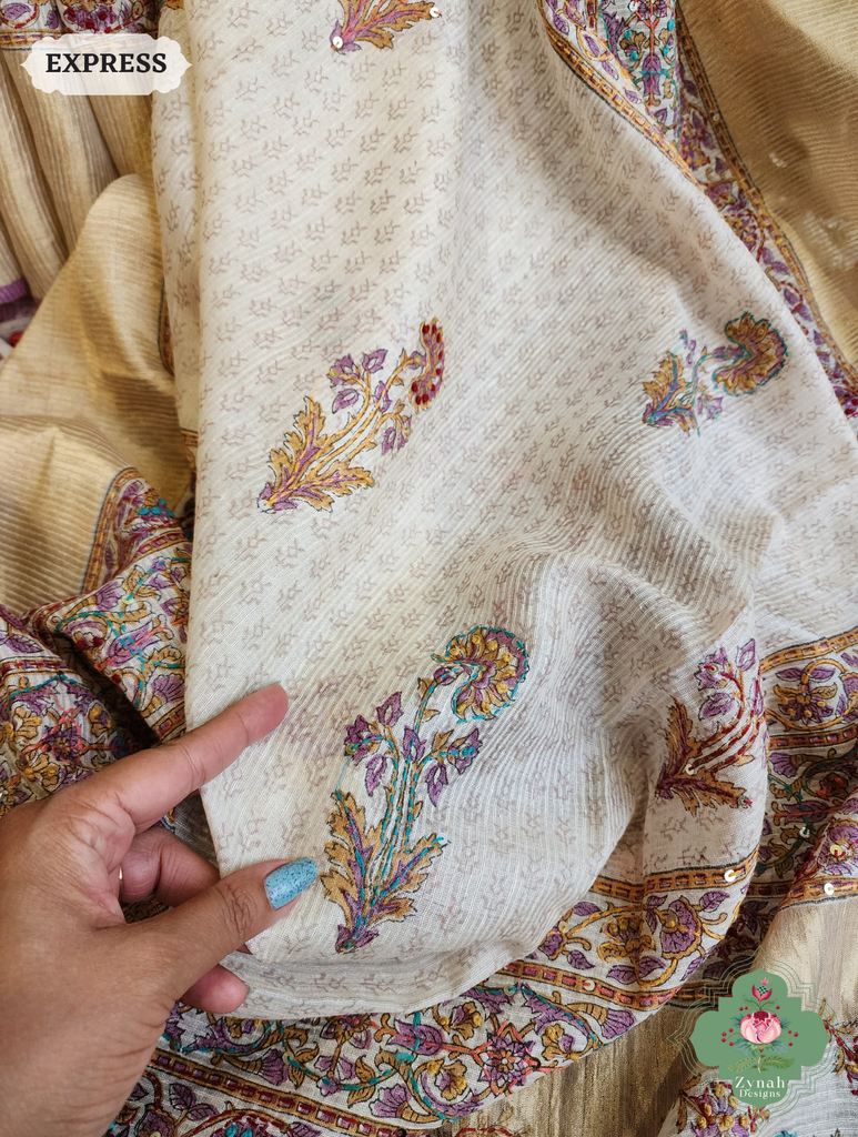 Zynah Off White Pure Kota Tussar Silk Half & Half Saree With Hand Block Print & Hand Embroidery; Custom Stitched/Ready-made Blouse, Fall, Petticoat; SKU: 1209202403