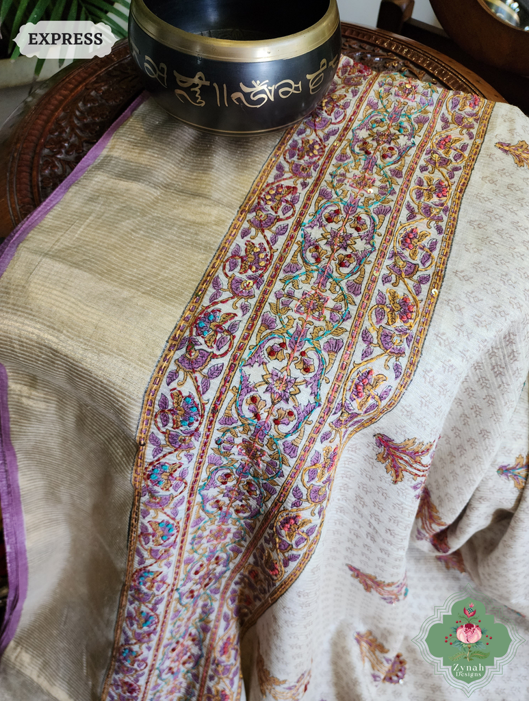 Zynah Off White Pure Kota Tussar Silk Half & Half Saree With Hand Block Print & Hand Embroidery; Custom Stitched/Ready-made Blouse, Fall, Petticoat; SKU: 1209202403
