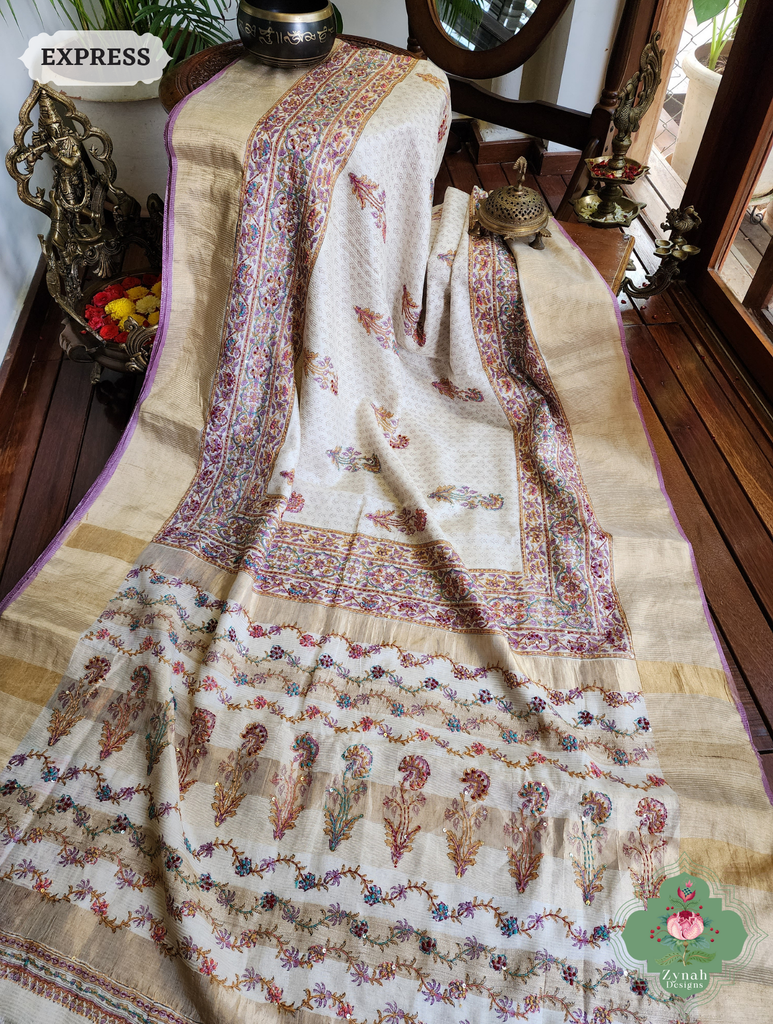 Zynah Off White Pure Kota Tussar Silk Half & Half Saree With Hand Block Print & Hand Embroidery; Custom Stitched/Ready-made Blouse, Fall, Petticoat; SKU: 1209202403