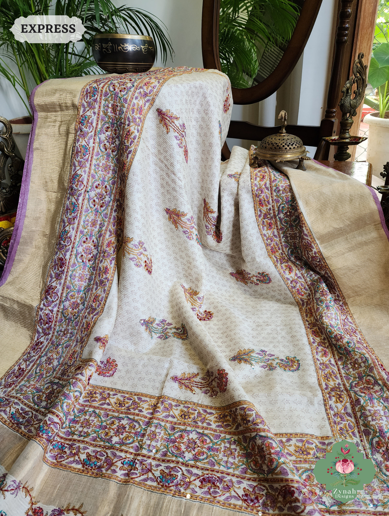 Zynah Off White Pure Kota Tussar Silk Half & Half Saree With Hand Block Print & Hand Embroidery; Custom Stitched/Ready-made Blouse, Fall, Petticoat; SKU: 1209202403