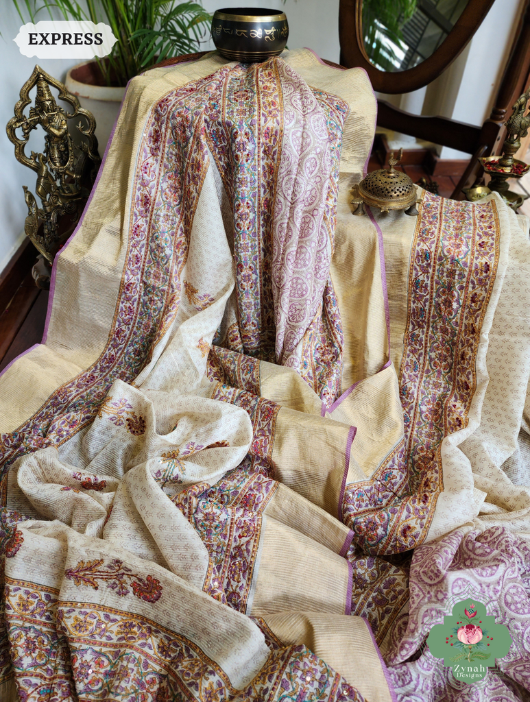 Zynah Off White Pure Kota Tussar Silk Half & Half Saree With Hand Block Print & Hand Embroidery; Custom Stitched/Ready-made Blouse, Fall, Petticoat; SKU: 1209202403