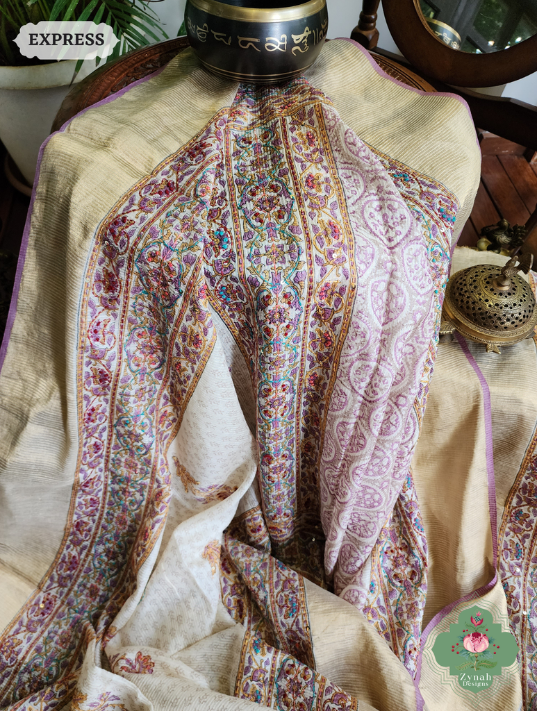 Zynah Off White Pure Kota Tussar Silk Half & Half Saree With Hand Block Print & Hand Embroidery; Custom Stitched/Ready-made Blouse, Fall, Petticoat; SKU: 1209202403
