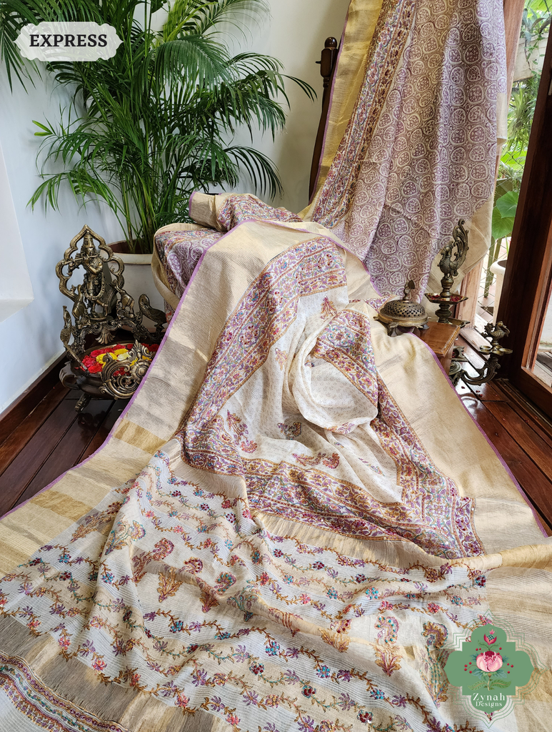 Zynah Off White Pure Kota Tussar Silk Half & Half Saree With Hand Block Print & Hand Embroidery; Custom Stitched/Ready-made Blouse, Fall, Petticoat; SKU: 1209202403