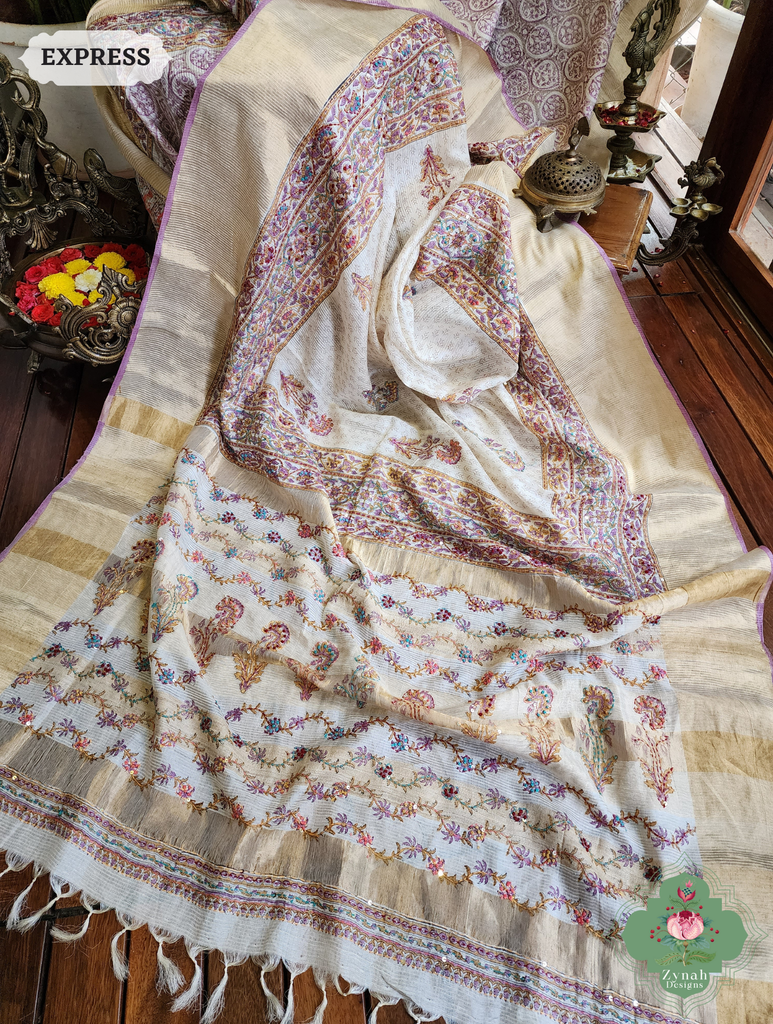 Zynah Off White Pure Kota Tussar Silk Half & Half Saree With Hand Block Print & Hand Embroidery; Custom Stitched/Ready-made Blouse, Fall, Petticoat; SKU: 1209202403