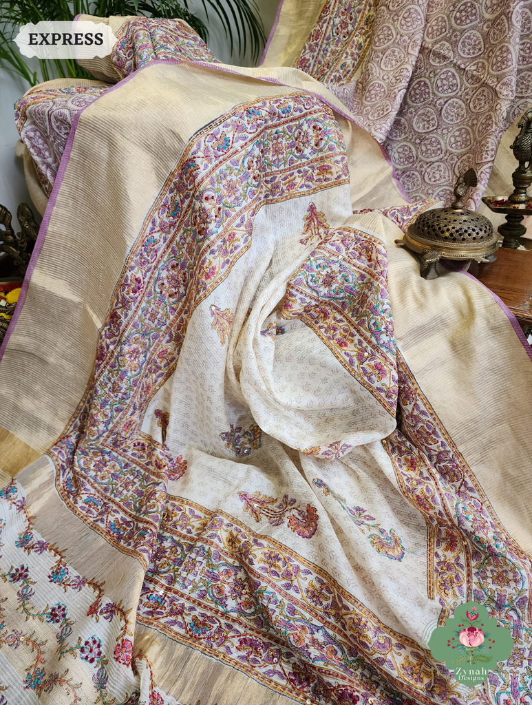 Zynah Off White Pure Kota Tussar Silk Half & Half Saree With Hand Block Print & Hand Embroidery; Custom Stitched/Ready-made Blouse, Fall, Petticoat; SKU: 1209202403